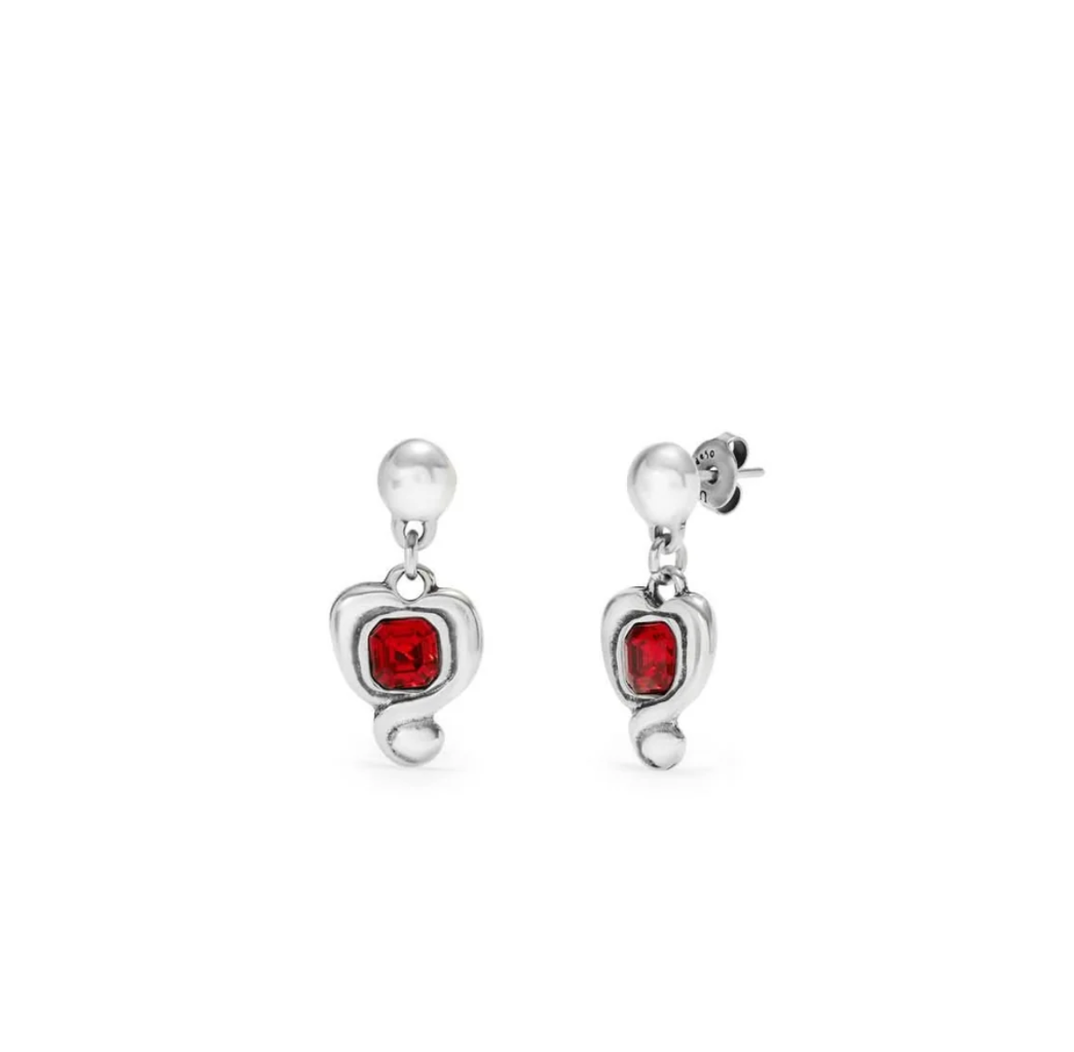 silver earring with dangle heart and red stone