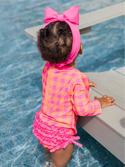 Swimsuit Sunset Sorbet Gingham Long Sleeve One Piece Rash Guard with Signature Rear Ruffles Baby Girls