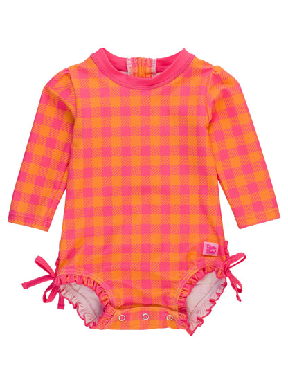 Swimsuit Sunset Sorbet Gingham Long Sleeve One Piece Rash Guard with Signature Rear Ruffles Baby Girls