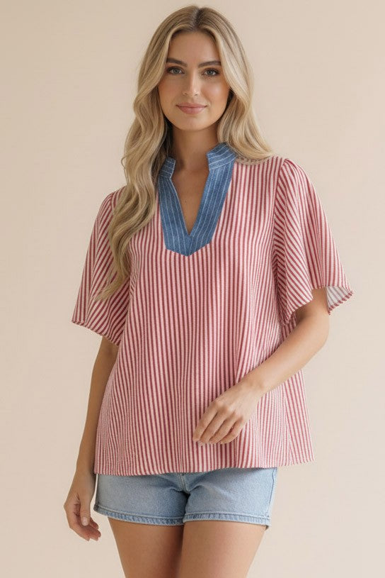 TOP Pin Stripe Stitched Neck Band Flutter Sleeve Plus