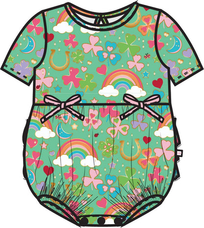 Romper Green Lucky Day Knit Short Sleeve Bow Bubble Baby Girls