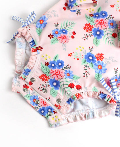 Swimsuit Coastal Breeze Floral Long Sleeve One Piece Rash Guard with Signature Rear Ruffles Baby Girls