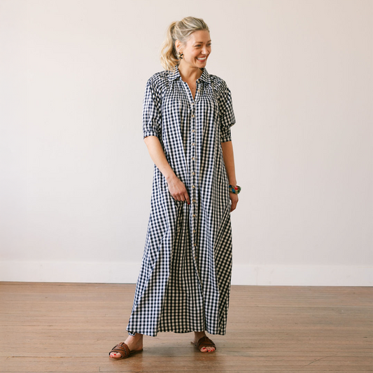 navy and white gingham dress