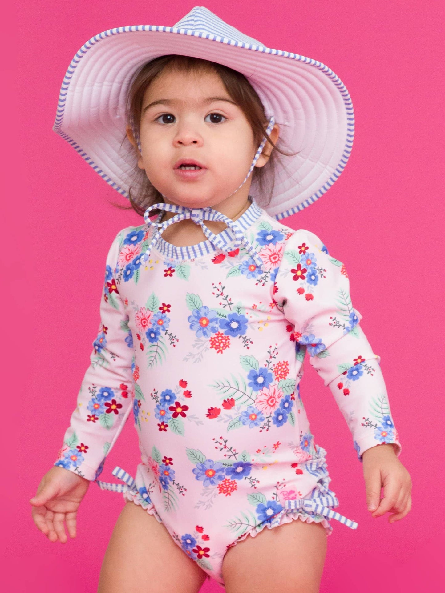 Swimsuit Coastal Breeze Floral Long Sleeve One Piece Rash Guard with Signature Rear Ruffles Baby Girls