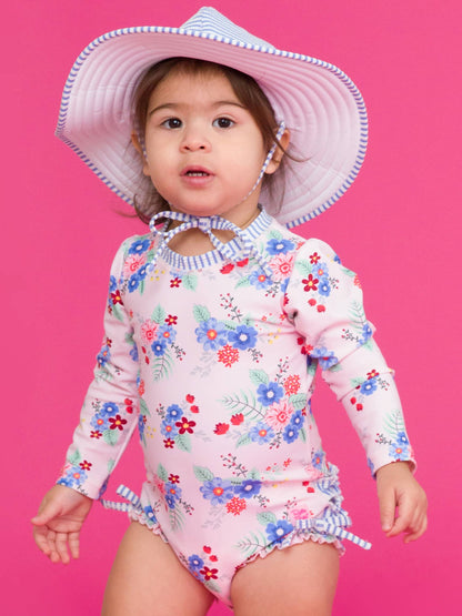 Swimsuit Coastal Breeze Floral Long Sleeve One Piece Rash Guard with Signature Rear Ruffles Baby Girls
