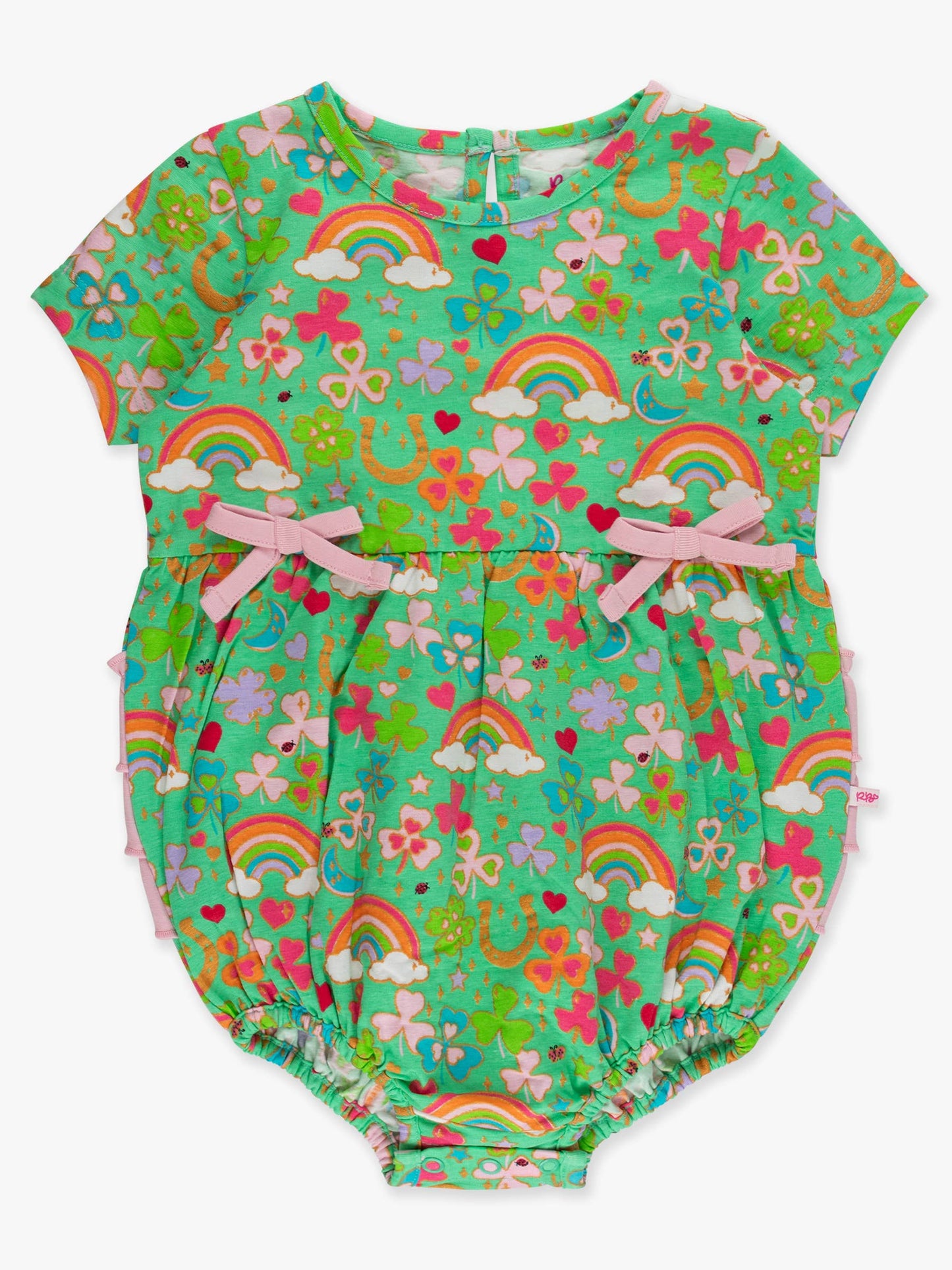 Romper Green Lucky Day Knit Short Sleeve Bow Bubble Baby Girls