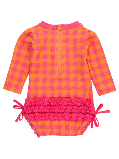 Swimsuit Sunset Sorbet Gingham Long Sleeve One Piece Rash Guard with Signature Rear Ruffles Baby Girls