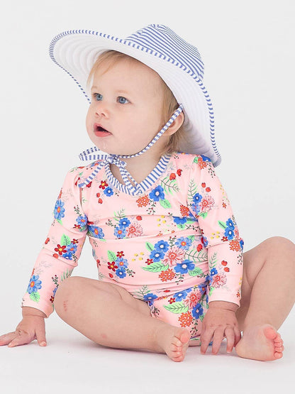 Swimsuit Coastal Breeze Floral Long Sleeve One Piece Rash Guard with Signature Rear Ruffles Baby Girls