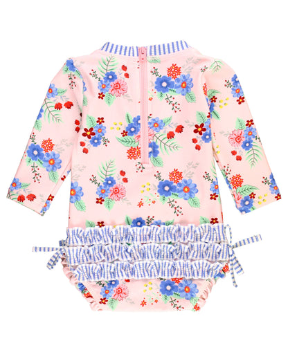 Swimsuit Coastal Breeze Floral Long Sleeve One Piece Rash Guard with Signature Rear Ruffles Baby Girls