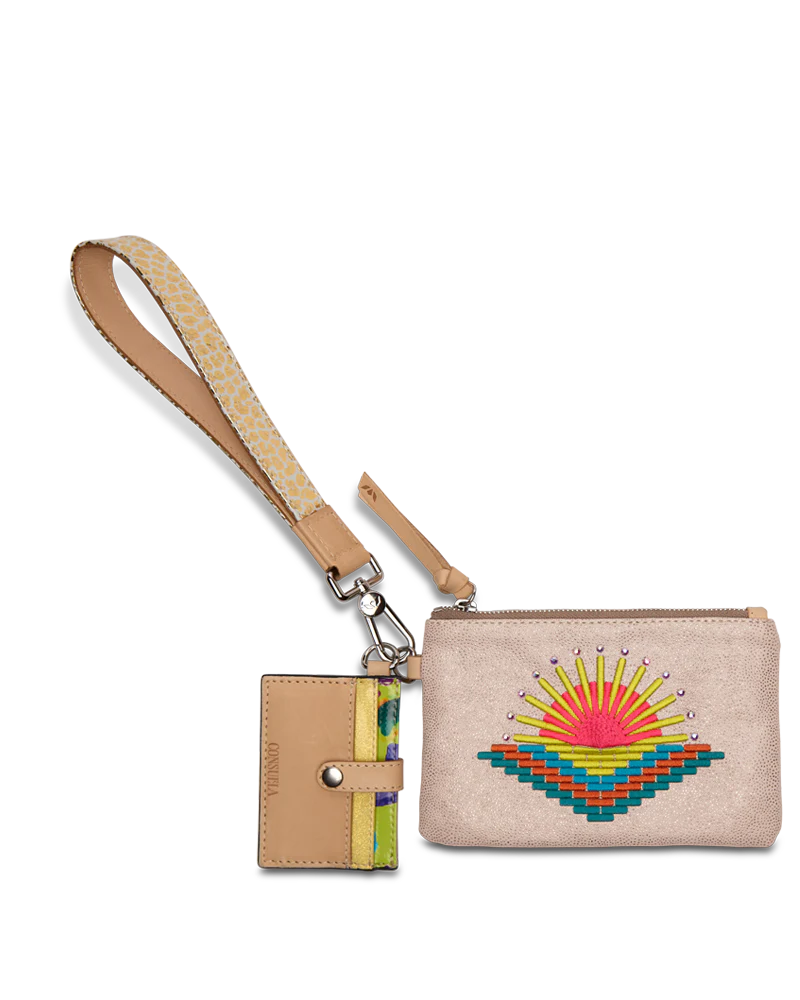 fuzzy combi pouch wristlet consuela, wristlet with sunburst 