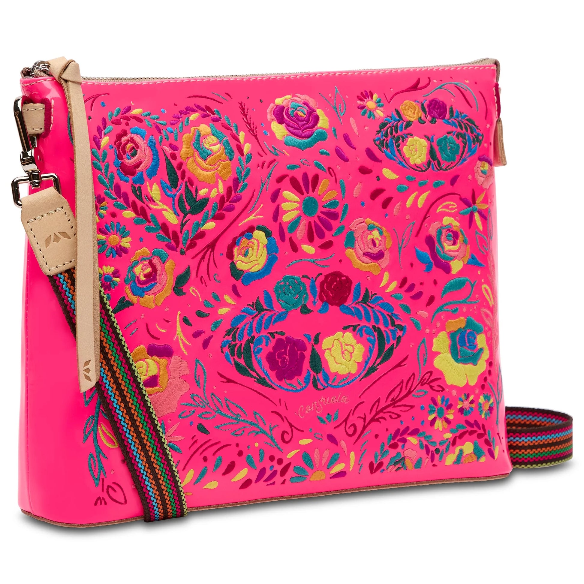 XO Downtown Crossbody Consuela, Hot pink crossbody bag, embroidered crossbody bag 