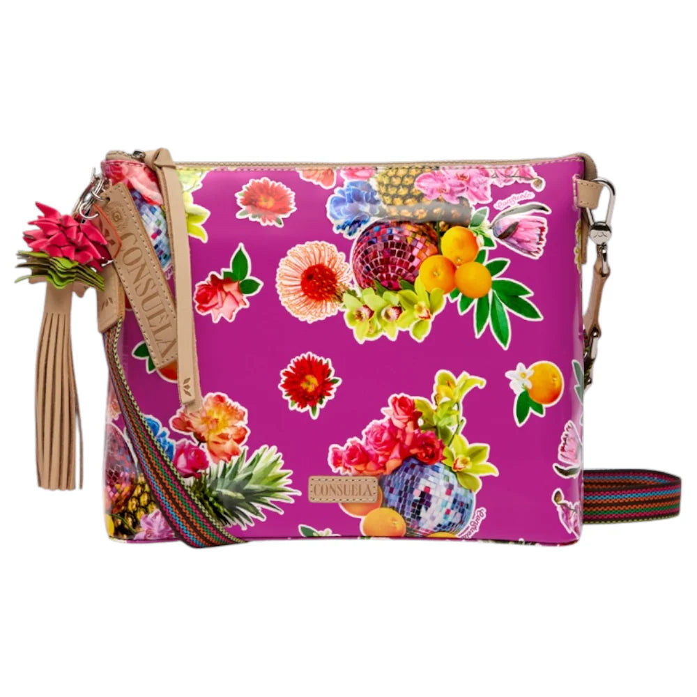 Birdie Crossbody by Consuela, Magenta Crossbody bag with fruit pattern, Oilcloth Crossbody bag 