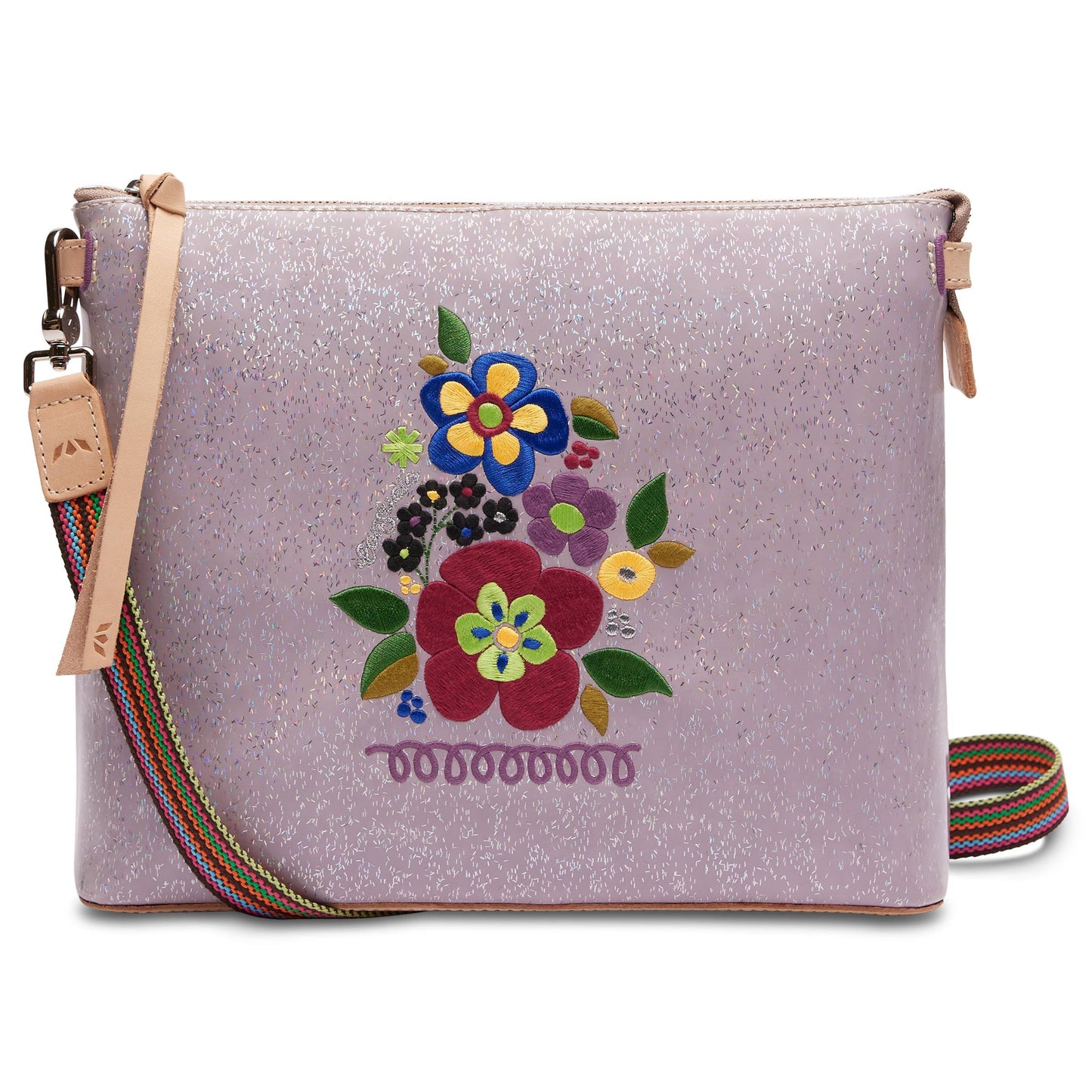 Luna Downtown Crossbody Consuela, Purple shimmery Crossbody, Purple crossbody with embroidered flowers 