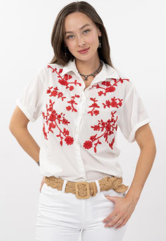 short sleeve button down top with red floral embroidery 