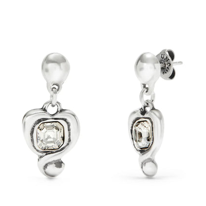 silver earring with dangle heart and clear stone