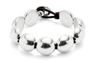 silver large bead bracelet with leather clasp 