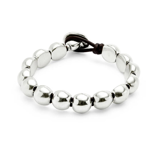 flat silver beaded bracelet with leather clasp 