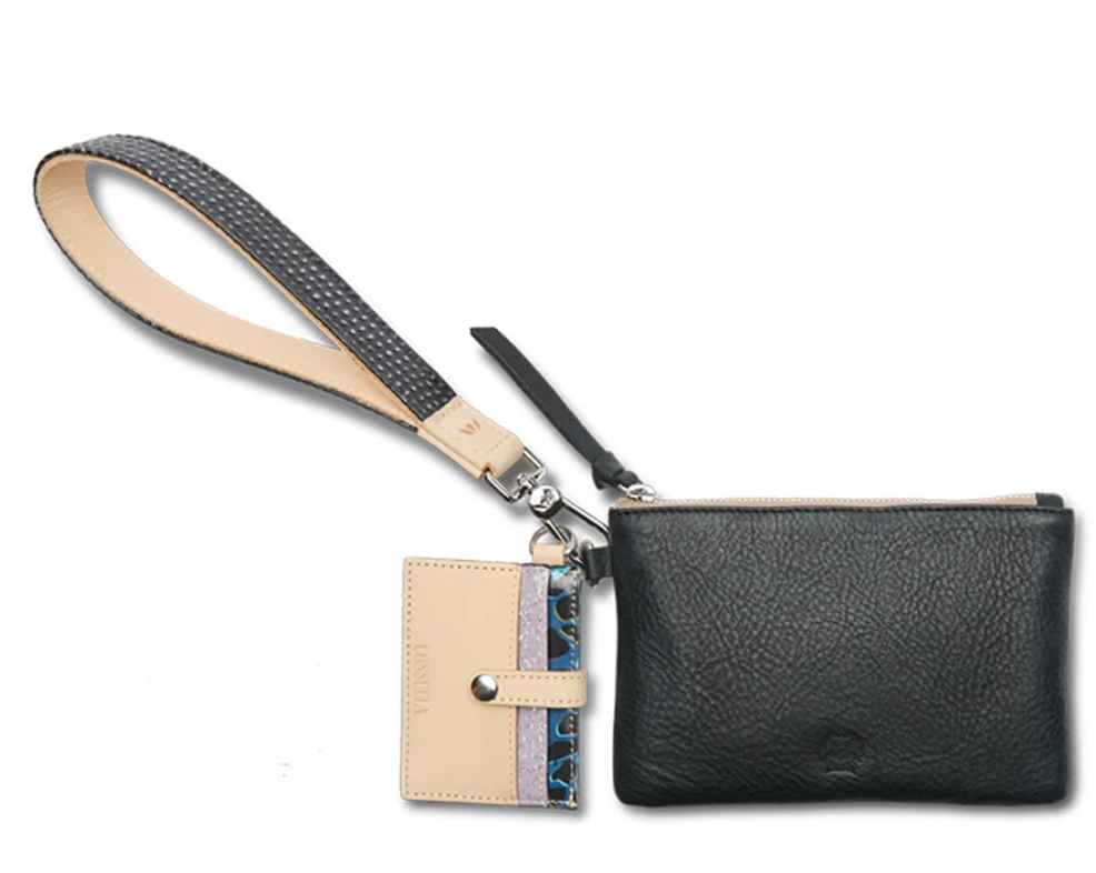 Evie combi wallet, black leather wristlet wallet 