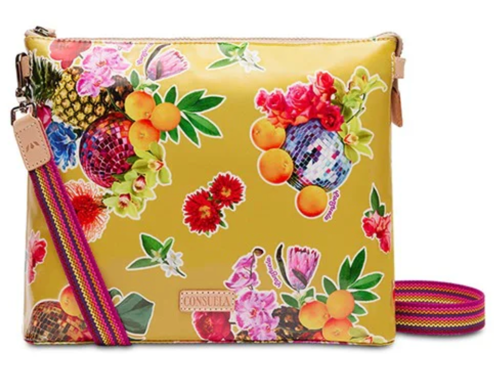 Barb Downtown Crossbody by Consuela, Yellow crossbody with disco balls and fruit 