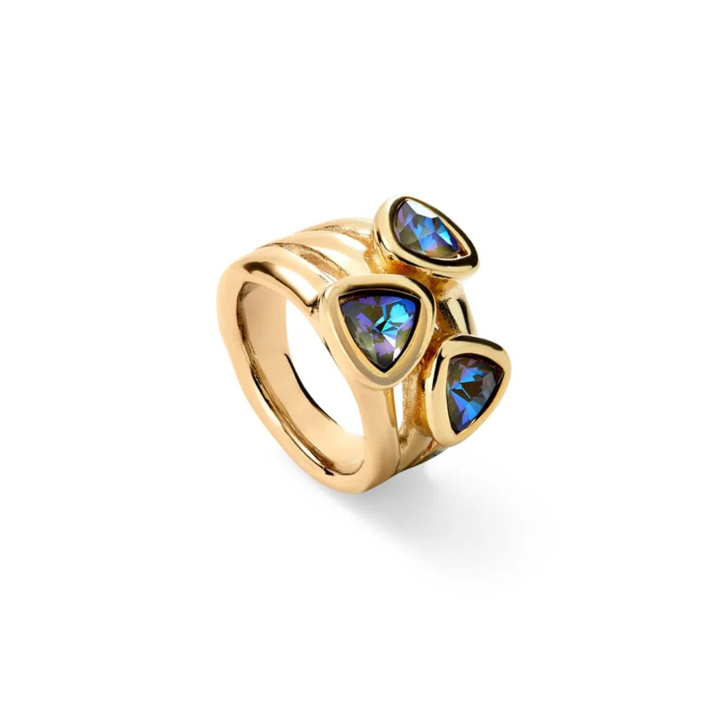 gold stack ring with iridescent stones 
