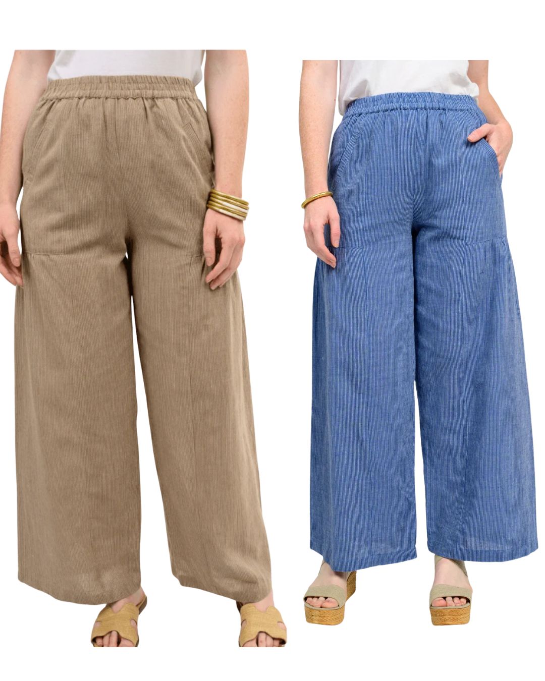 blue stripe elastic waist pants and brown stripe 