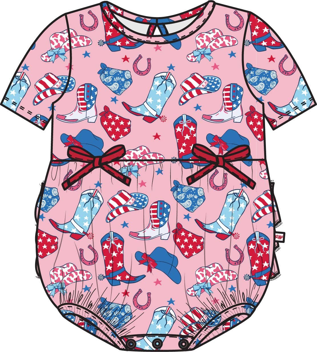 Baby Girls Pink Stars & Spurs Knit Short Sleeve Bow Bubble Romper
