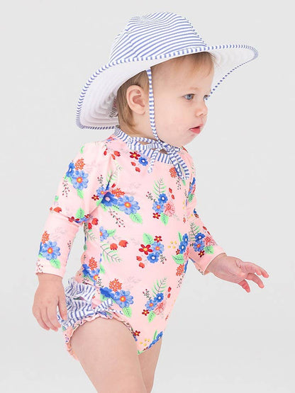 Swimsuit Coastal Breeze Floral Long Sleeve One Piece Rash Guard with Signature Rear Ruffles Baby Girls