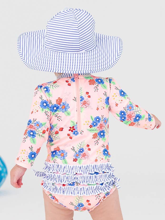 Swimsuit Coastal Breeze Floral Long Sleeve One Piece Rash Guard with Signature Rear Ruffles Baby Girls