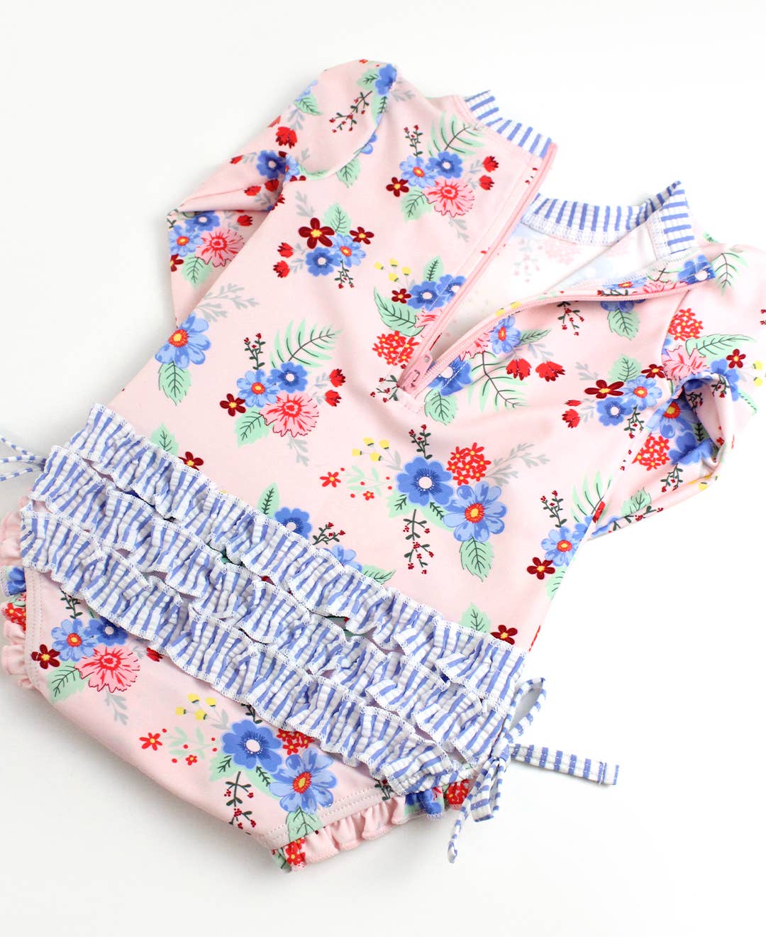 Swimsuit Coastal Breeze Floral Long Sleeve One Piece Rash Guard with Signature Rear Ruffles Baby Girls