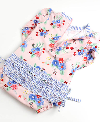 Swimsuit Coastal Breeze Floral Long Sleeve One Piece Rash Guard with Signature Rear Ruffles Baby Girls