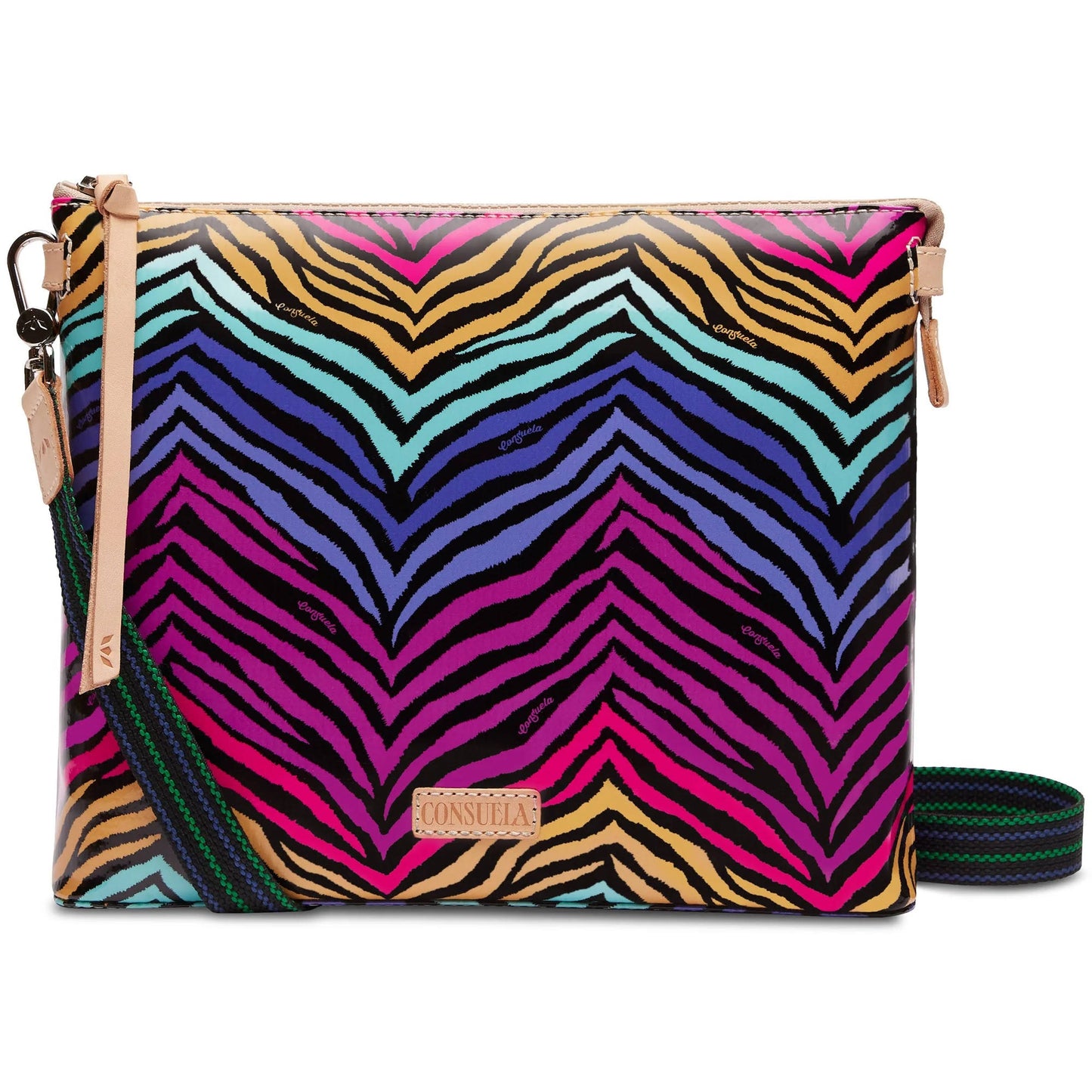 Vanessa downtown crossbody consuela, zebra print crossbody, purple, teal, pink crossbody 