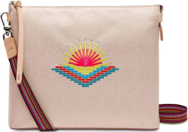 Fuzzy Downtown Consuela Crossbody, Tan Crossbody with sunburst 